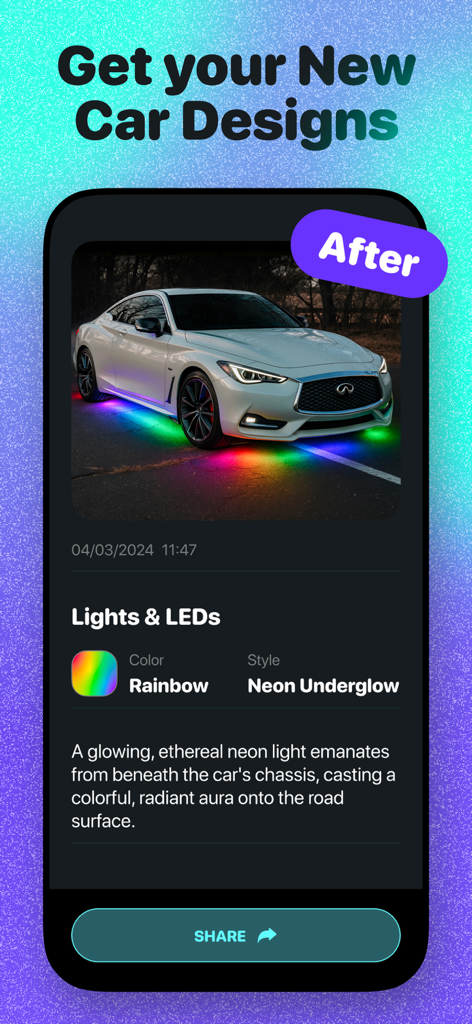 AI Car Design Generator - Schermo dello smartphone che mostra l'app AI Car Design Generator con un'auto bianca dotata di luci al neon arcobaleno sotto la scocca.