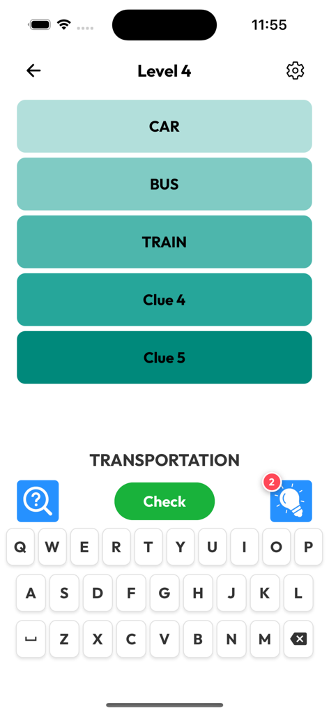 PinPoints - Word Guessing Game - PinPoints word game screen showing car bus and train clues for the word transportation