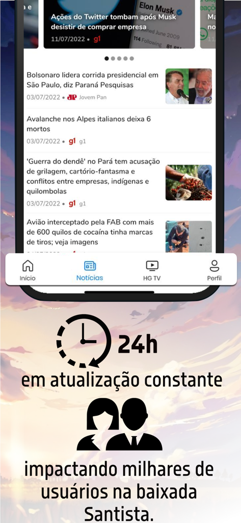 Hora Geral - Hora Geral news app interface displaying headlines and 24-hour update messaging
