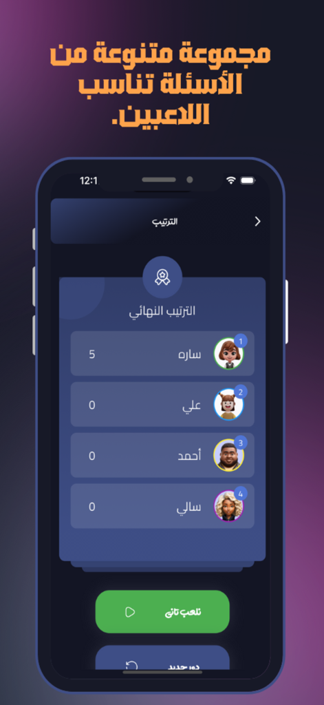 لعبتنا x لمتنا - Captura de pantalla de la pantalla de clasificación final en la aplicación de juego social árabe que muestra puntuaciones y avatares de jugadores.