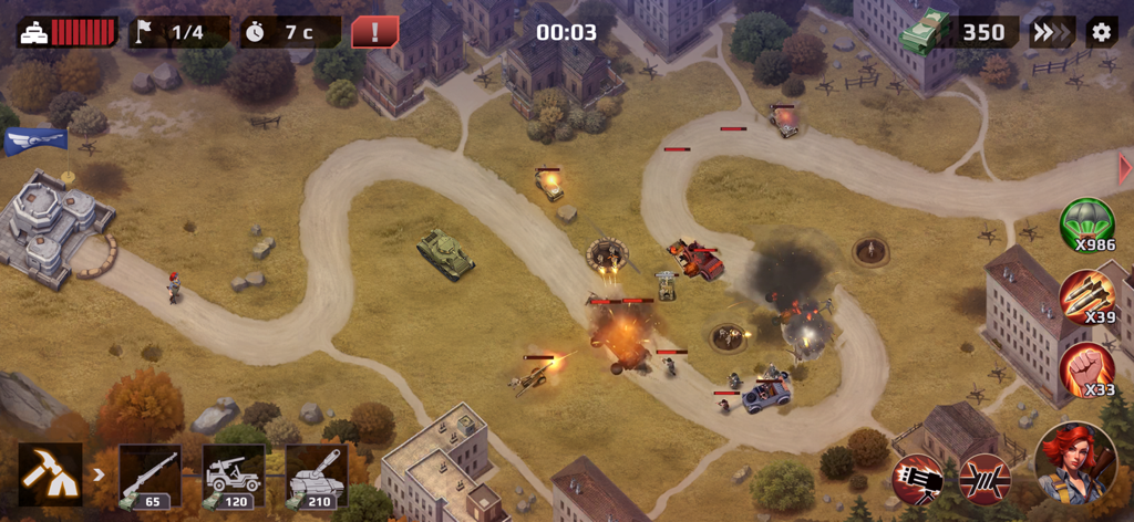 Real time strategy gameplay of WWII Defense showing tank battles and troop deployment