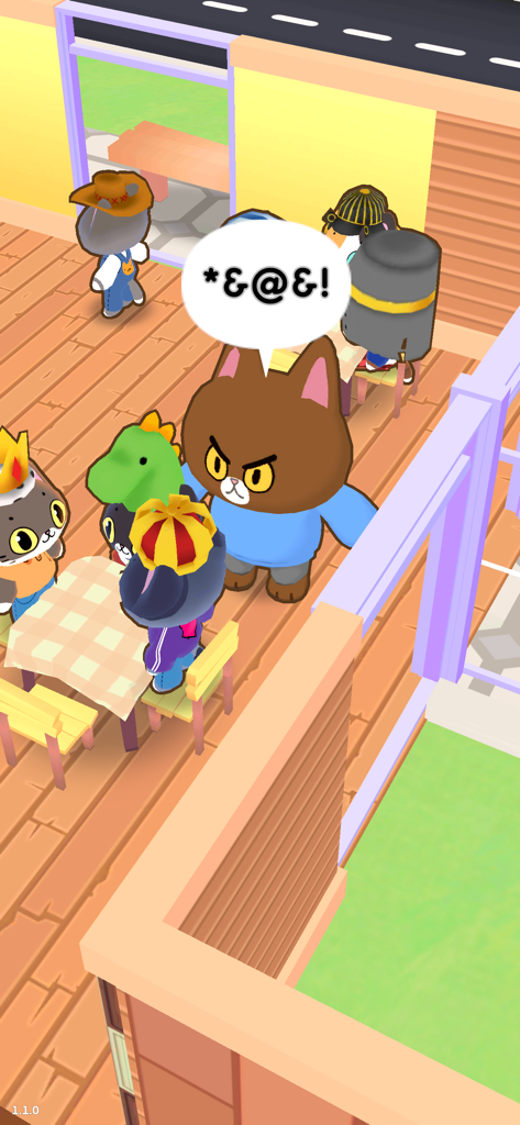 Simba Cafe - An angry customer cat in Simba Cafe with a speech bubble containing symbols surrounded by other cats in unique hats
