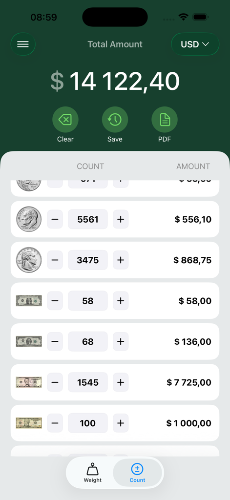 Coin Counter - CoinPouch - CoinPouch App-Oberfläche, die einen durch Nennwerte gezählten Gesamtgeldbetrag anzeigt