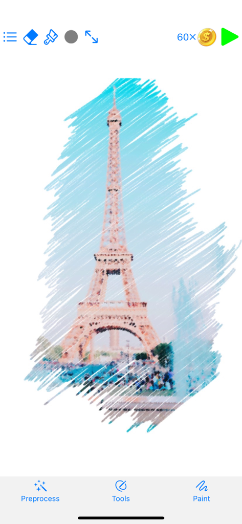 Monet - photo to pastel - A digital pastel painting effect being applied to a photo of the Eiffel Tower in the Monet app interface