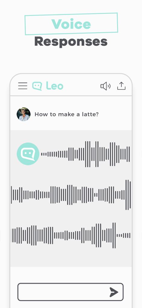 Interfaccia dell'app mobile per Leo AI che mostra risposte vocali con forme d'onda audio.