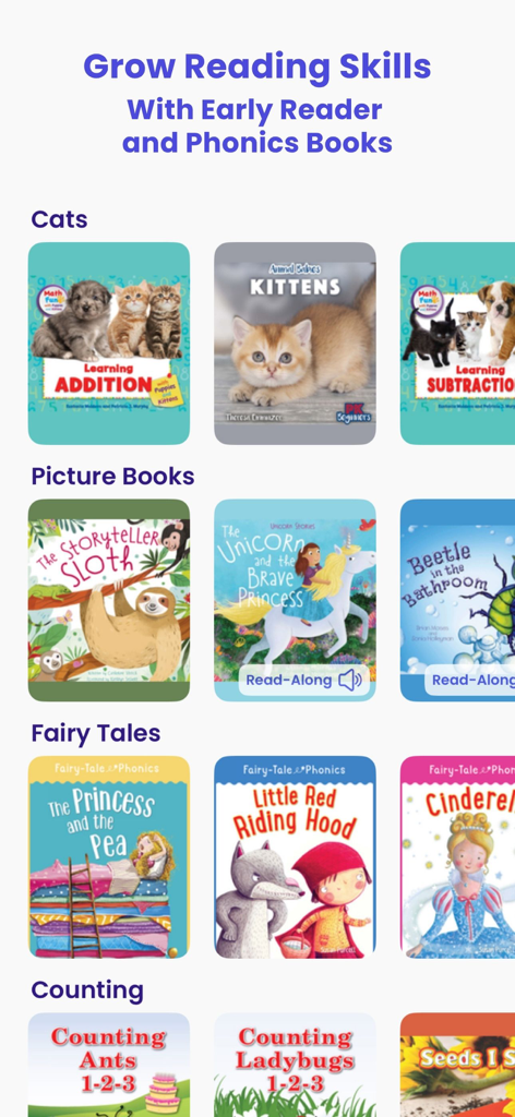Curiosoアプリのインターフェース。猫、おとぎ話、数え方などのカテゴリに整理された、デジタル子ども向け書籍とフォニックス教材のコレクション。