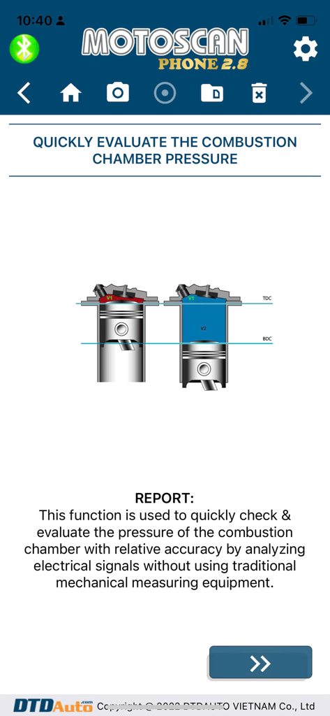 Motoscan Phone app screen showing a diagnostic report and engine cylinder diagram for evaluating combustion chamber pressure