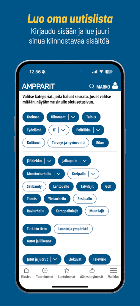 Uutiset – Ampparit.com - Ampparit app screen showing a variety of news category tags for users to personalize their news feed.