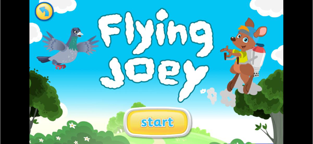 Kangi Club - English For Kids! - Pantalla de inicio del juego Flying Joey con un canguro con una mochila propulsora y una paloma