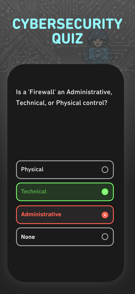 Cybersecurity Quiz App - Cybersecurity Quiz App interface showing a multiple-choice question about firewall security controls.