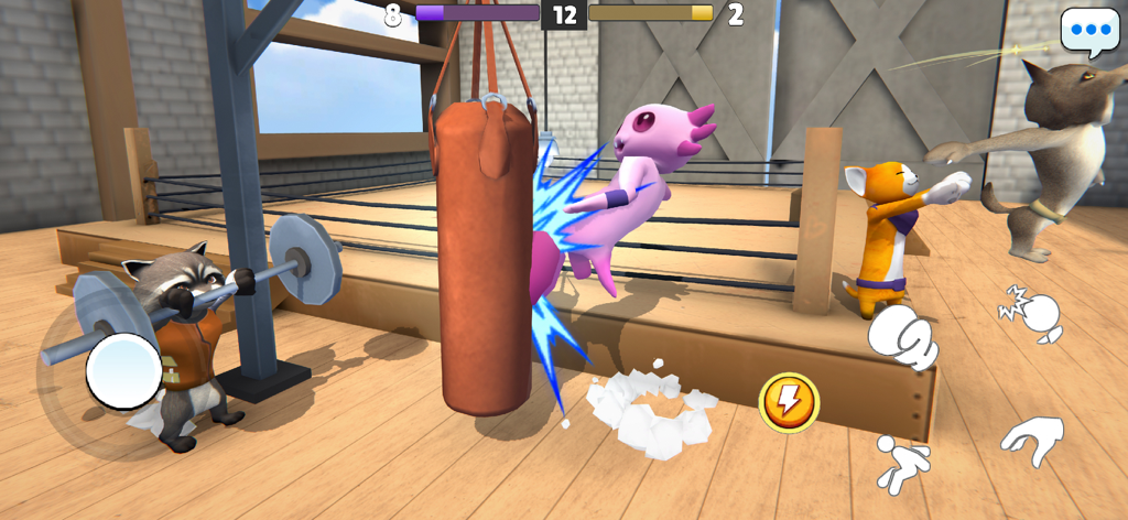 Un mapache levantando pesas y un ajolote rosa pateando un saco de boxeo en un gimnasio de entrenamiento.