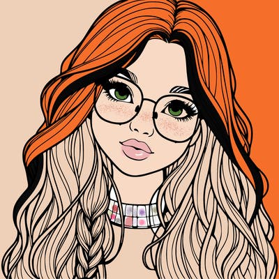 girl with long hair and freckles and glasses realistic