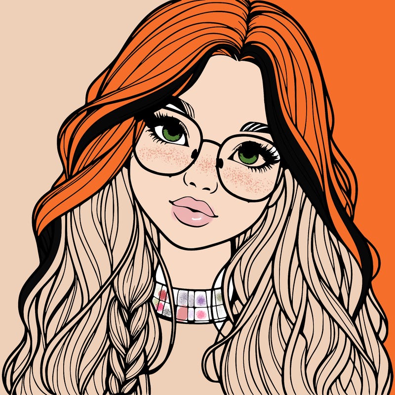girl with long hair and freckles and glasses realistic