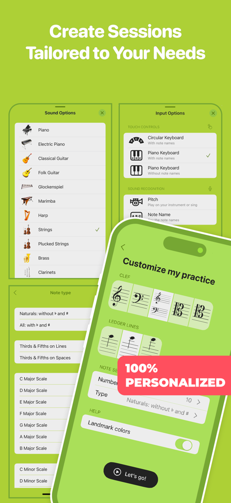 Notaforte: Sight Reading Tutor - Customizable music practice session settings in the Notaforte sight reading app including sound and input options