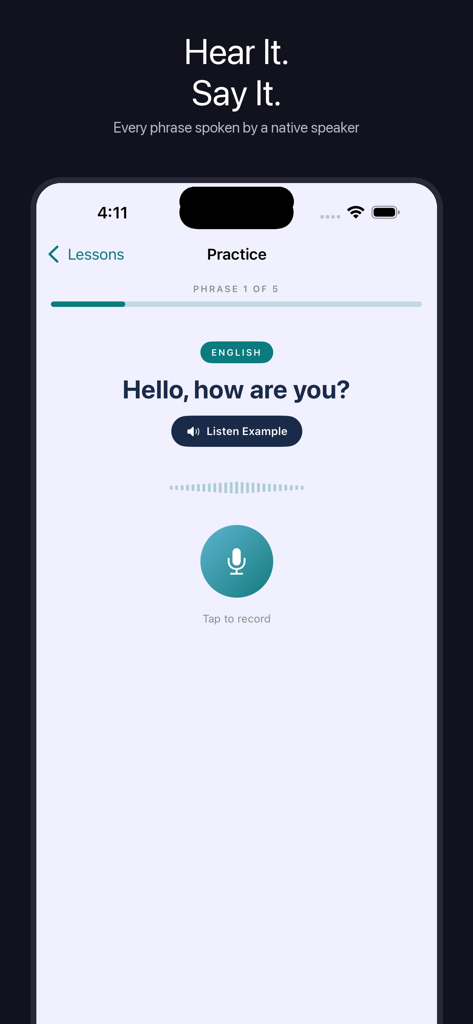 Pronounce English App - Practice screen of the Pronounce English App displaying a conversational phrase and a microphone button for recording speech