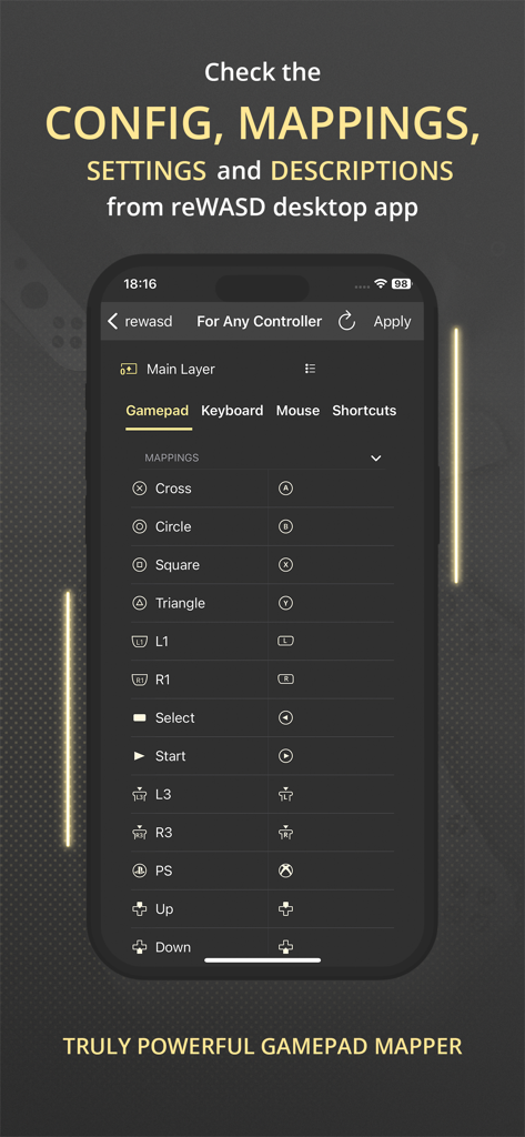 ゲームパッドボタンのマッピングと設定の詳細なリストを表示するreWASD Mobileアプリのインターフェイス