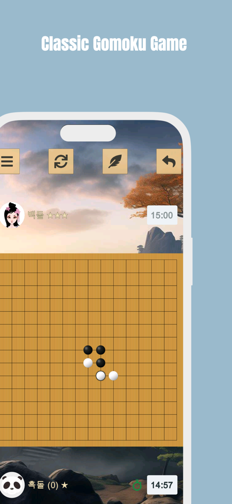 A classic Gomoku game board with black and white stones and a game timer