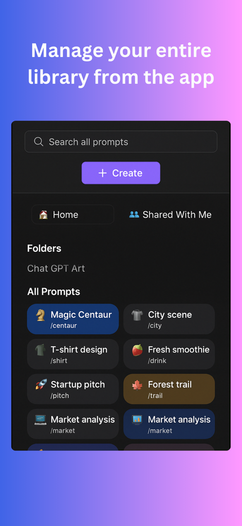 PromptBox Mobile - Interface of PromptBox Mobile showing a library of saved AI prompts with search and category features.