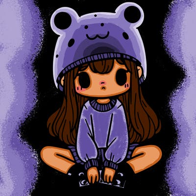 a girl wearing a frog hat and some frog socks