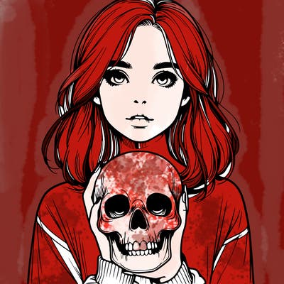 realistic girl holding a skull