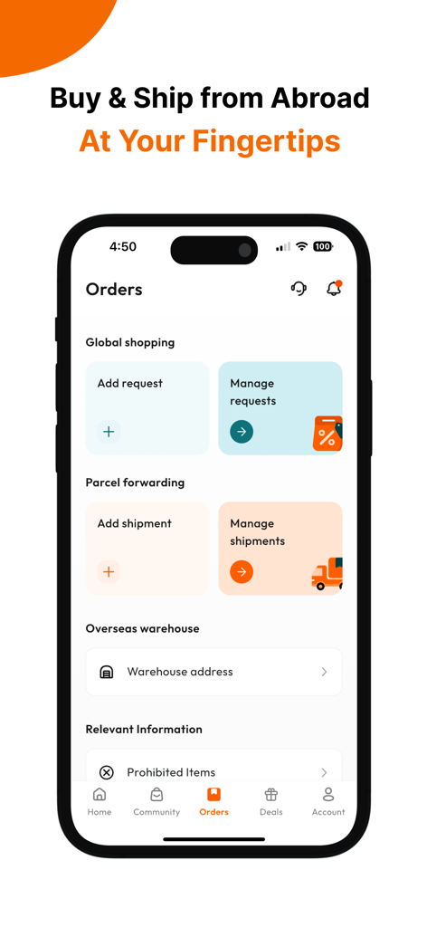 Buy&Ship - The orders dashboard of the Buy and Ship app for cross-border shopping and parcel forwarding management.