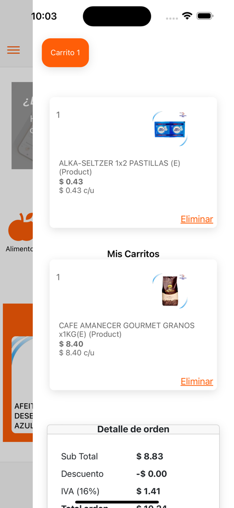 Tour - Interfaccia mobile che mostra il carrello nell'app Tour con articoli e totale dell'ordine.