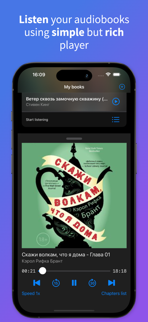 Well, player, so what? - A minimalist and intuitive audiobook player interface on an iPhone showing playback controls and book cover.