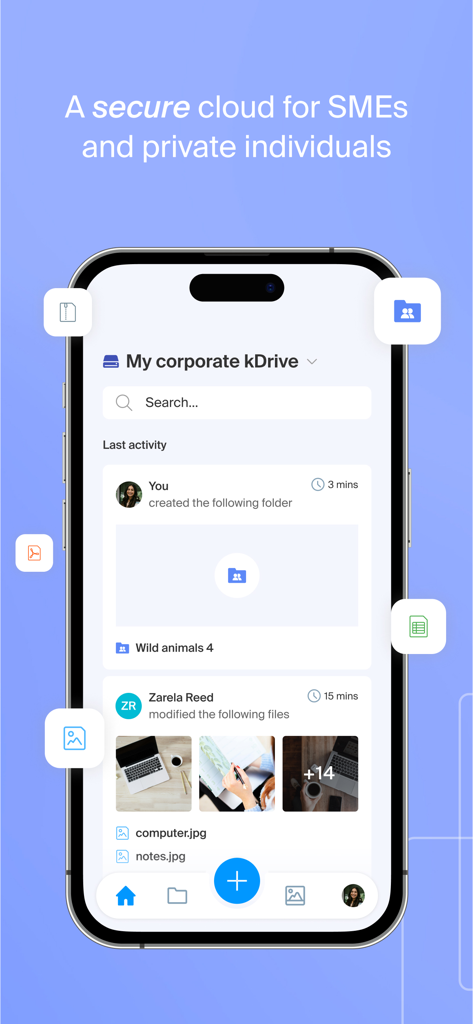 Infomaniak kDrive mobile app interface showing secure cloud storage for SMEs and individuals