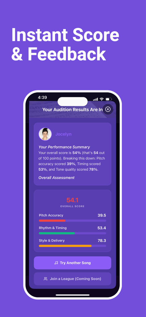 Singing League: AI Vocal Judge - Aplicativo Singing League mostrando pontuação vocal de IA instantânea e detalhamento do feedback de performance