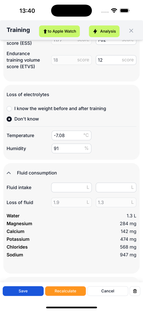 Training Endurance - Pantalla de análisis de pérdida de hidratación y electrolitos para atletas de alto rendimiento
