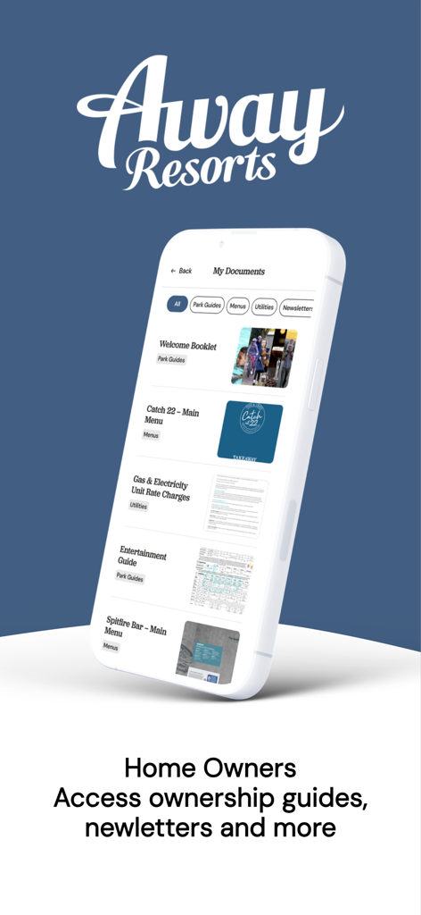 Away Resorts - Away Resorts app showing ownership guides and newsletters screen