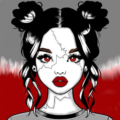 realistic girl with two buns in hair and lips