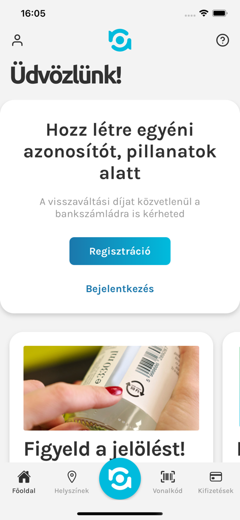 REpont - Schermata di benvenuto dell'app REpont che mostra le opzioni di registrazione e accesso per il riciclaggio dei depositi di bottiglie.