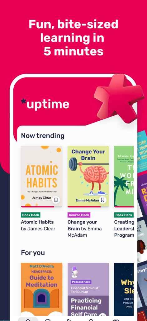 Uptime: Get smarter, stand out - The Uptime app interface displaying trending five minute learning hacks and book summaries