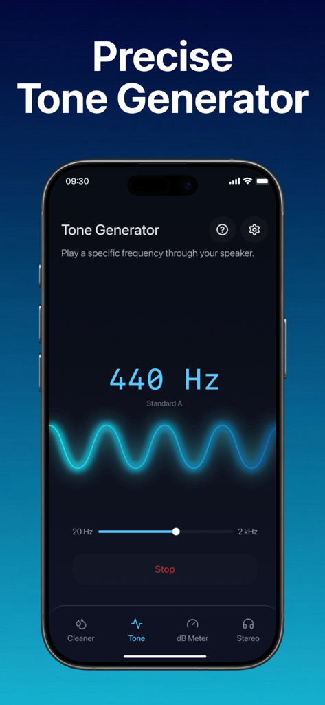 Water Eject - Clean Speaker - Schermata dello smartphone che visualizza un generatore di toni preciso per la pulizia degli altoparlanti