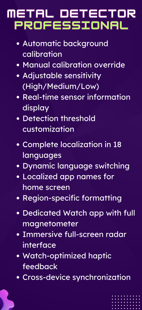 List of professional features for the Metal Detector app including calibration sensitivity and Apple Watch integration