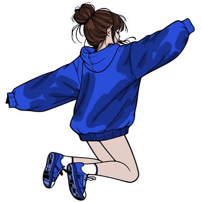 realistic girl jumping with a bun and oversized sweatshirt