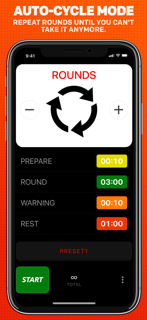 Boxing Timer Pro Round Timer - Boxing Timer Pro interface featuring auto-cycle mode and customizable round times.