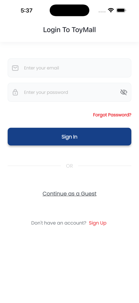 ToyMall 앱 로그인 화면, 이메일 및 비밀번호 필드와 로그인 또는 게스트로 계속하기 옵션 표시