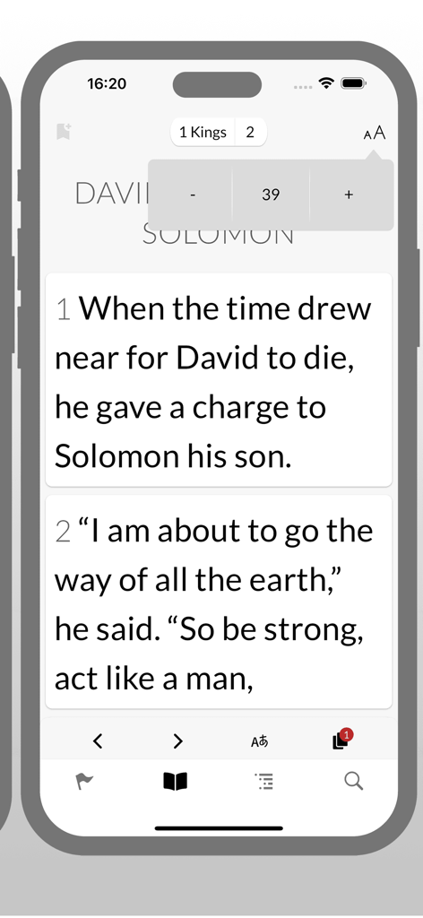 A screenshot of the Lai Siangtho Bible app showing an English translation of 1 Kings with a font size adjustment menu open.