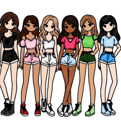 a group of girls wearing crop tops and shorts