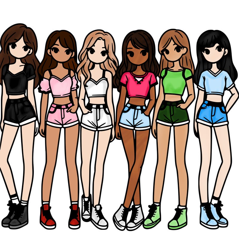 a group of girls wearing crop tops and shorts