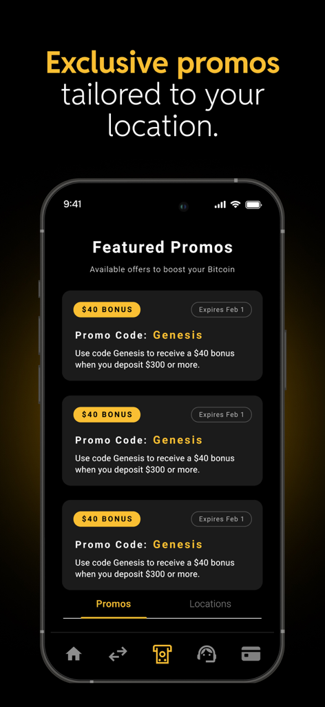 Athena Bitcoin app screen displaying featured promotional codes and bonus offers for users