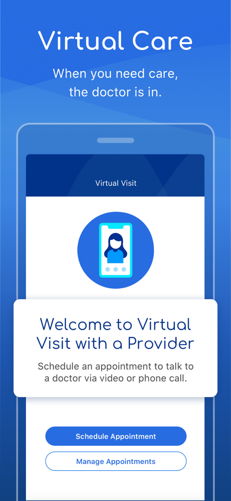 Sydney Health - Screen of the Sydney Health app showing virtual care visit options and appointment scheduling buttons.