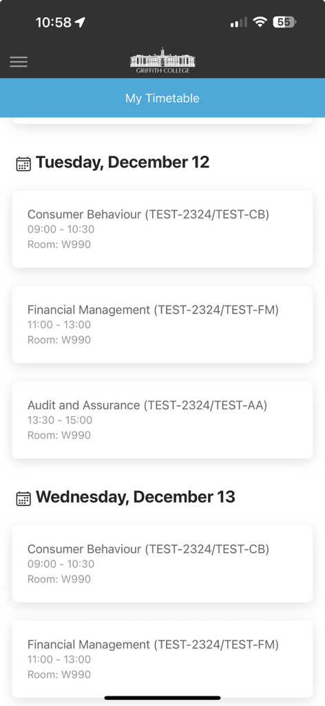 Griffith College - Griffith College mobile app timetable screen showing daily class schedules with room locations and times