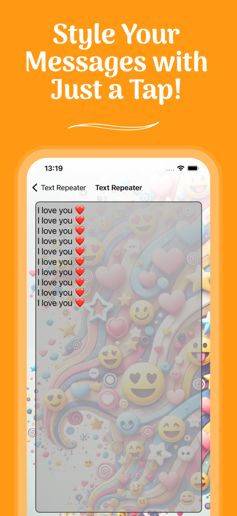 Text Repeater & Stylish Fonts - Interfaz de la aplicación Text Repeater mostrando mensajes repetidos de te amo con emojis de corazón