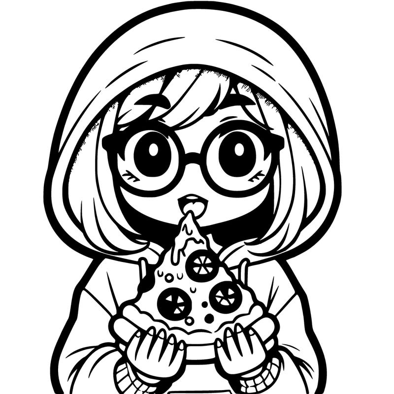 girl with hoodie wearing glasses eating pizza
