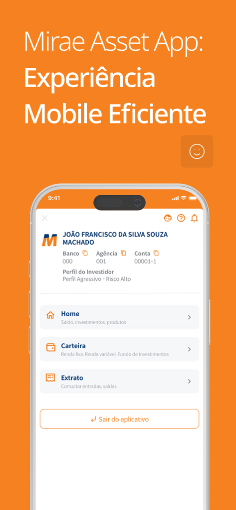 Painel do aplicativo móvel Mirae Asset Invest exibindo informações da conta do usuário e opções de menu de investimento.