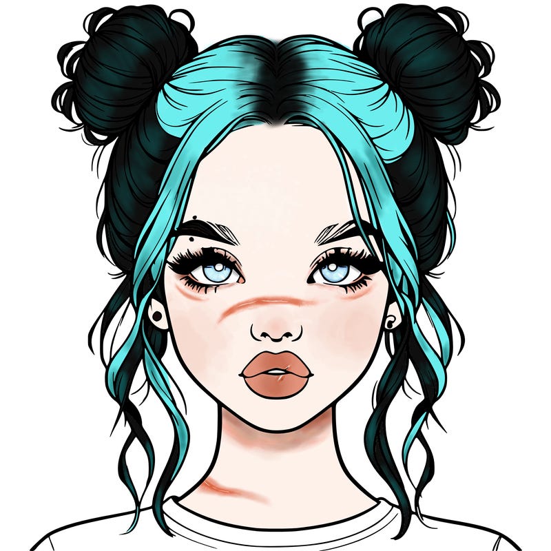 realistic girl with two buns in hair and lips