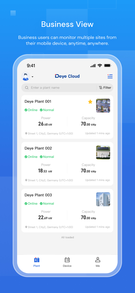 Deye Cloud app business view showing a dashboard for monitoring multiple solar power plant locations